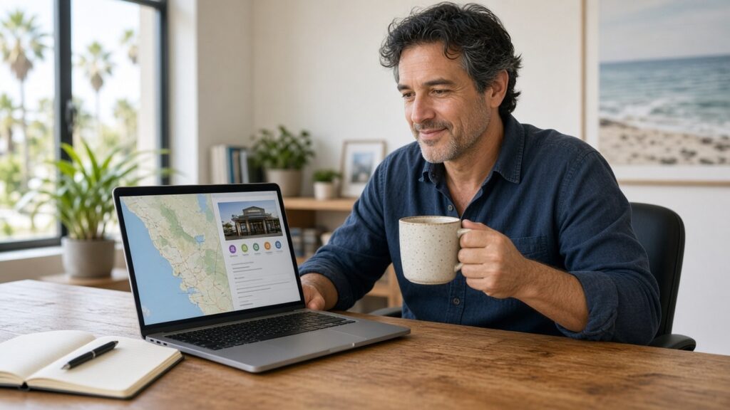Small business owner in a bright Southern California office reviewing Google Maps and Google Business Profile listing on a laptop