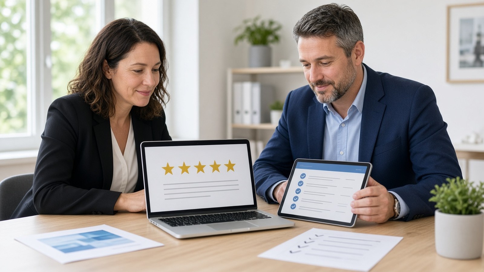 Business owner and consultant reviewing five-star customer reviews and local SEO optimization checklist at a bright office desk