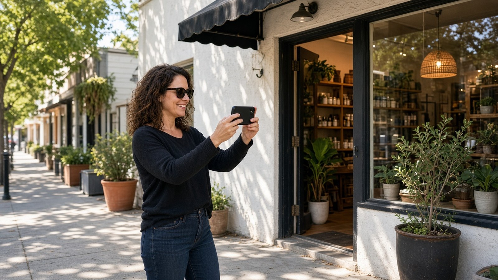 Smiling business owner standing on a sunny sidewalk taking a smartphone photo of her shop exterior for her Google Business Profile